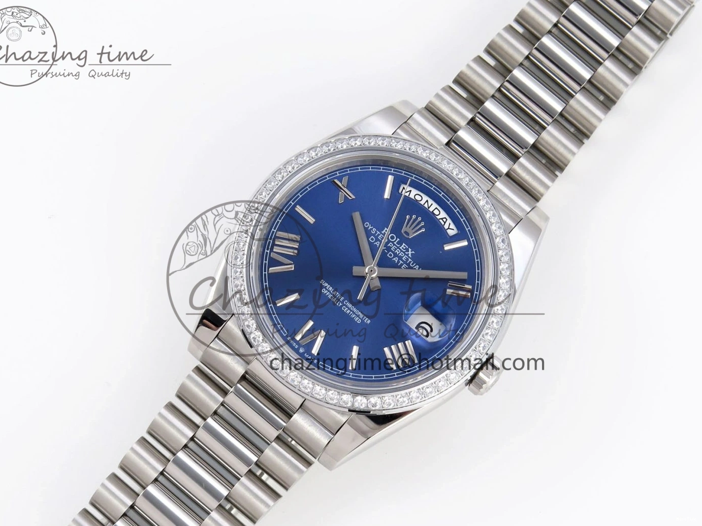 MiroTime 0523 QuickDry DayDate 40 SS GSF Gain Weight Blue Roman Dial Diamonds Bezel on President Bracelet A 1917